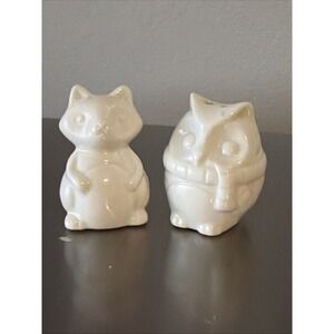 Vintage‎ White Ceramic Owl & Fox Salt And Pepper Shakers Woodland Creatures